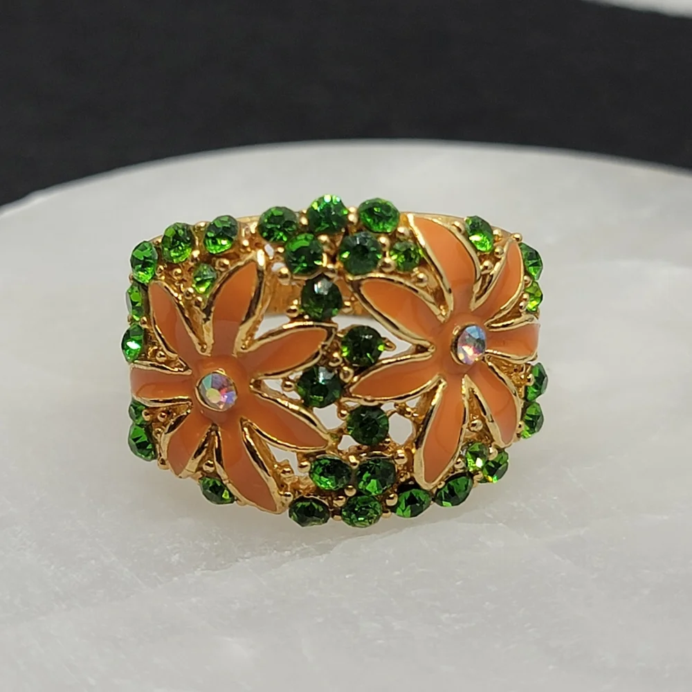 Vintage Wide Band Floral Rhinestone Ring Size 12 ½